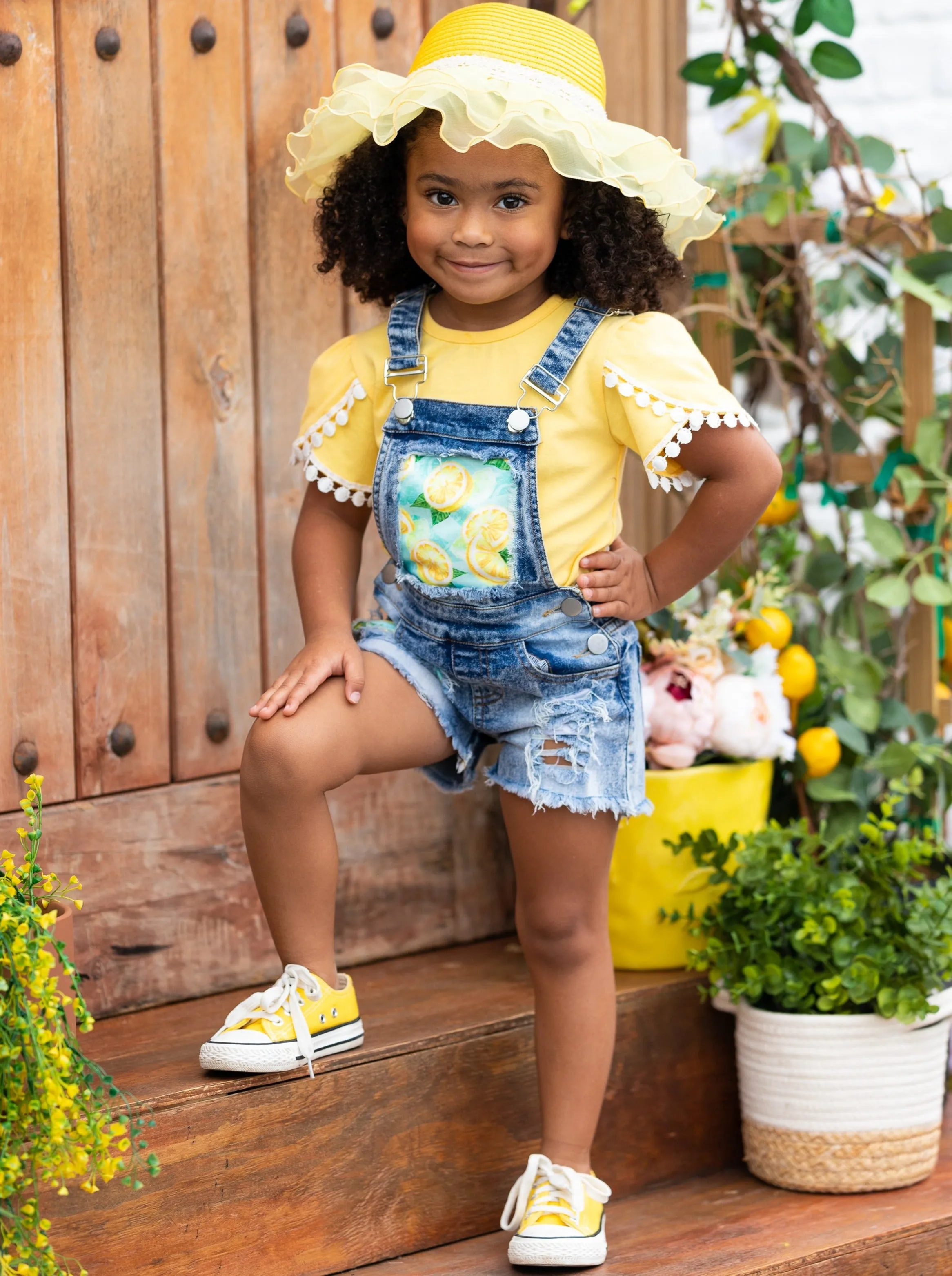 Lemon Slayed Patched Overall Shorts Set