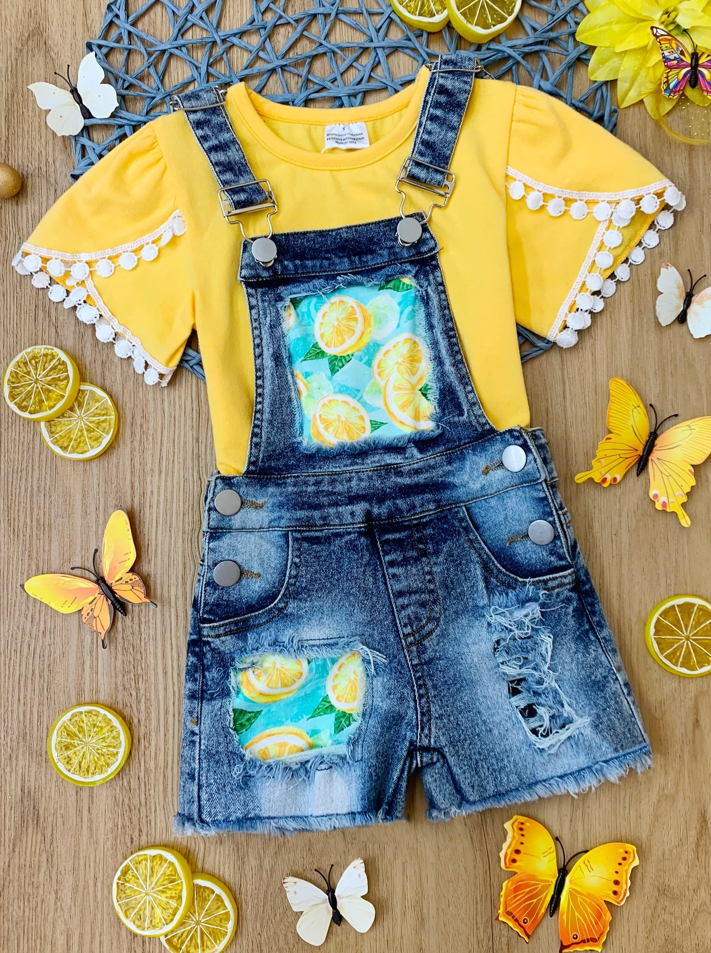 Lemon Slayed Patched Overall Shorts Set