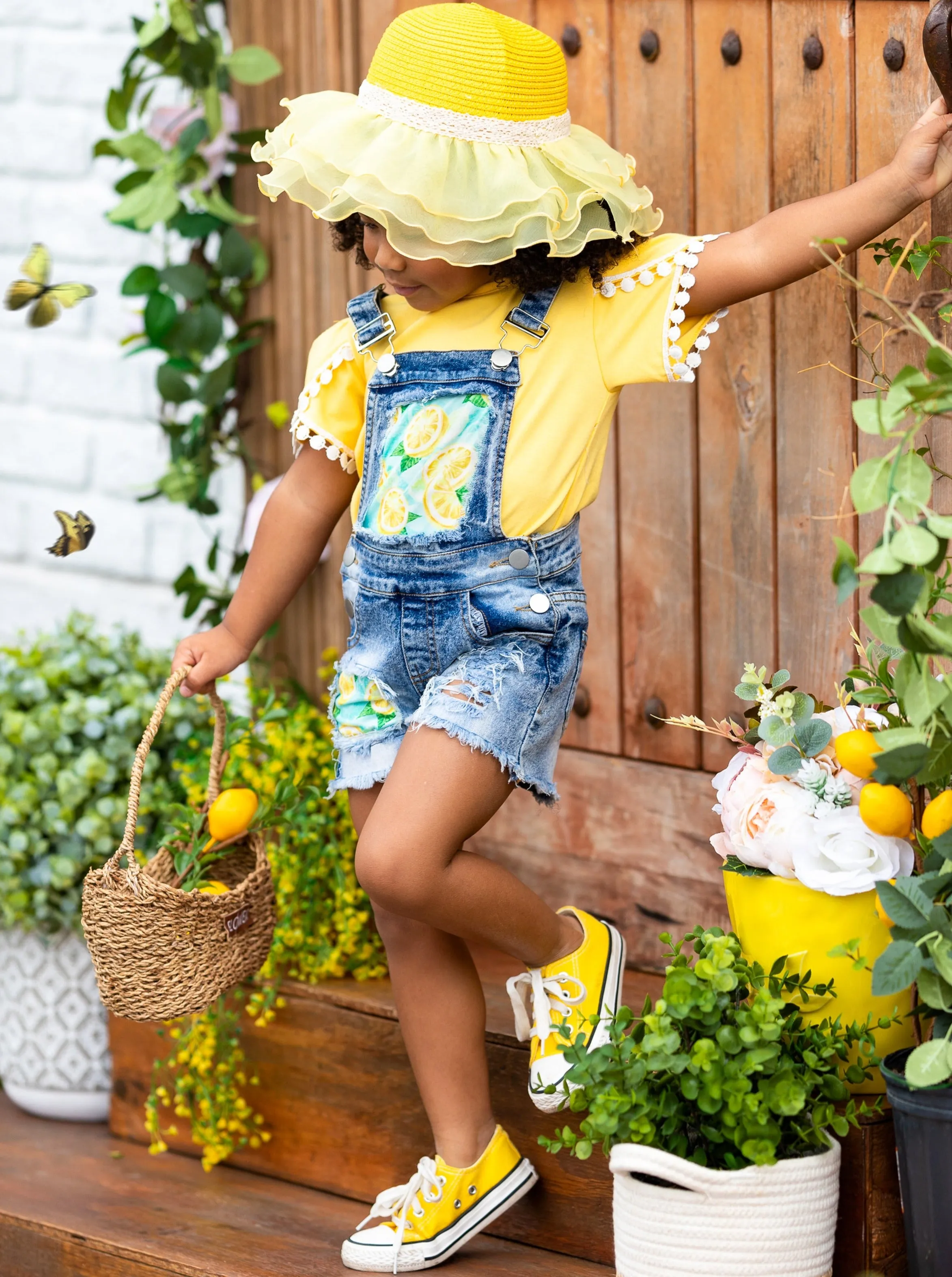 Lemon Slayed Patched Overall Shorts Set