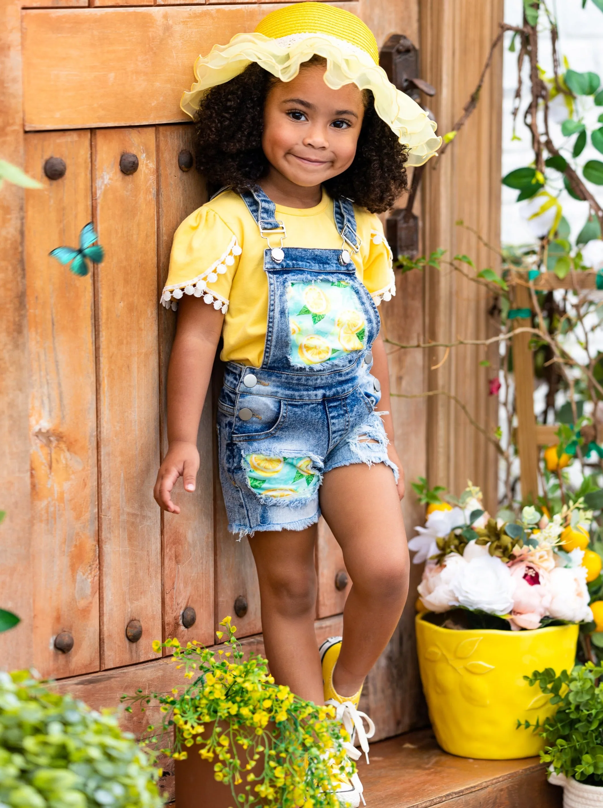 Lemon Slayed Patched Overall Shorts Set