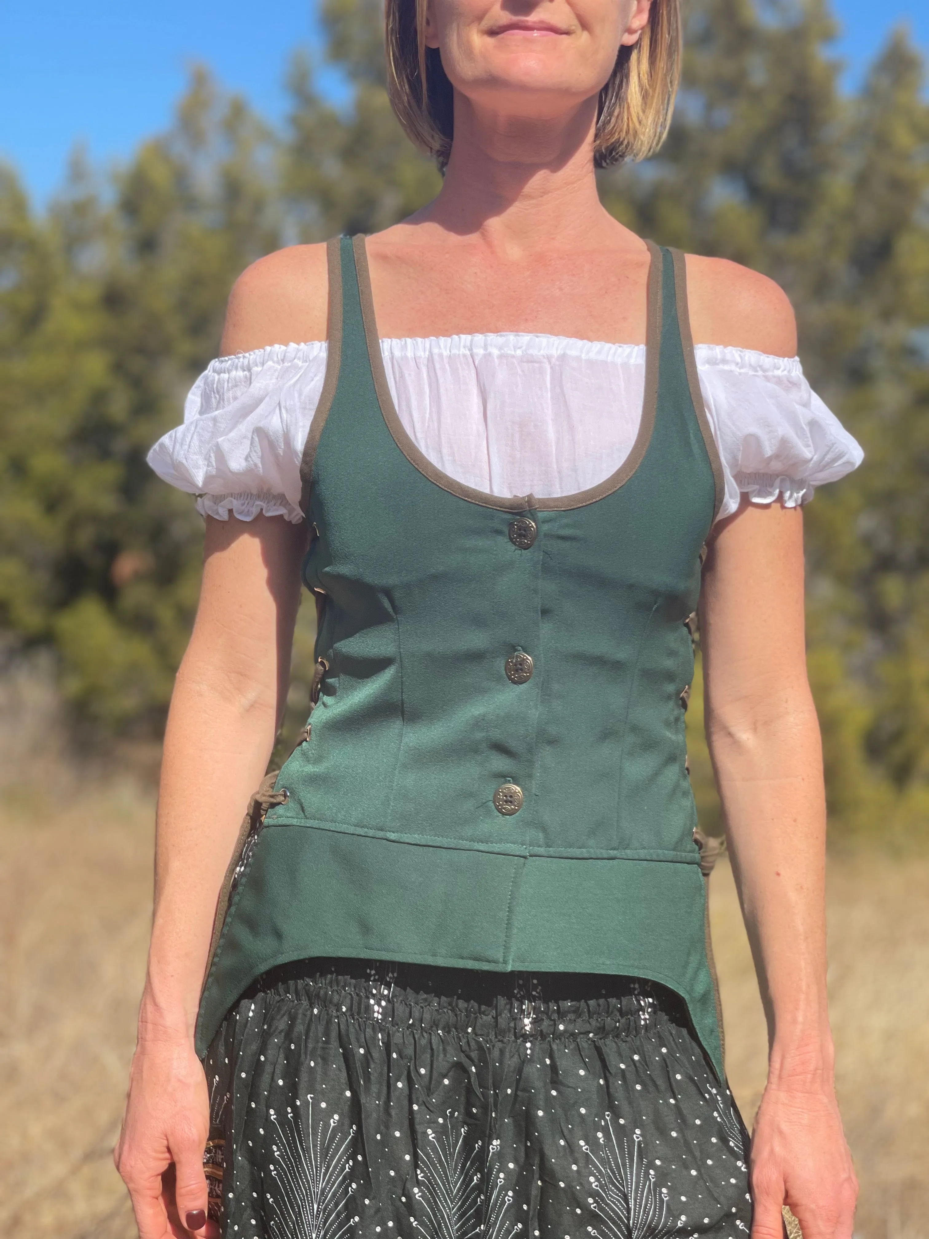 'Long Petal Vest' Viking Bodice - Dark Green