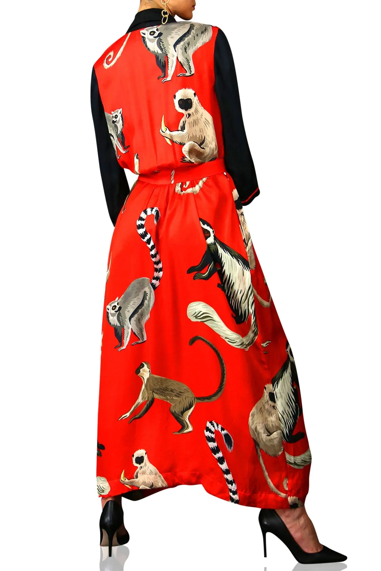 Long Printed Robe Dress Monkey Print