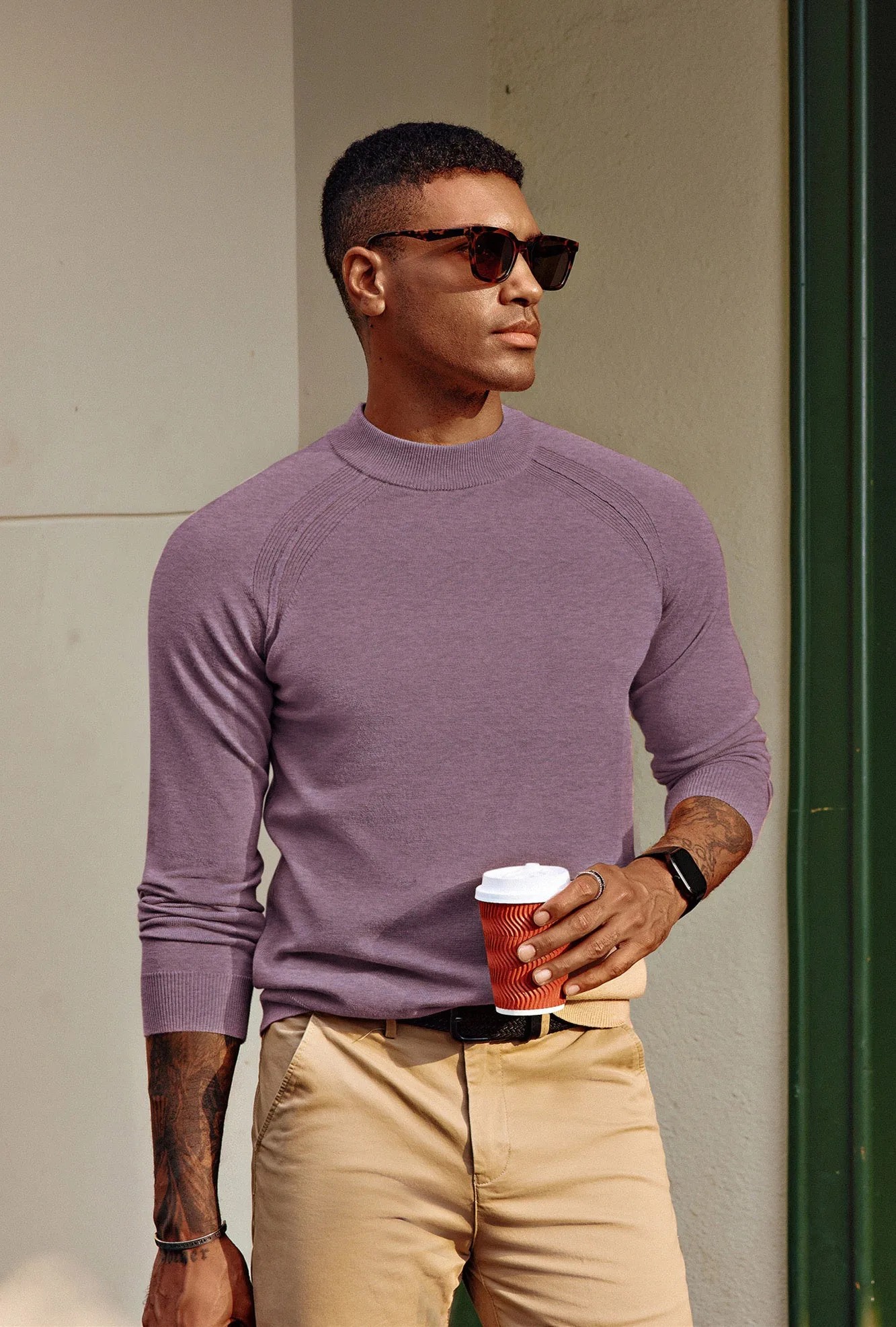 Men Half High-Neck Sweater Long Raglan Sleeve Ribbed Cuff Pullover Knitwear