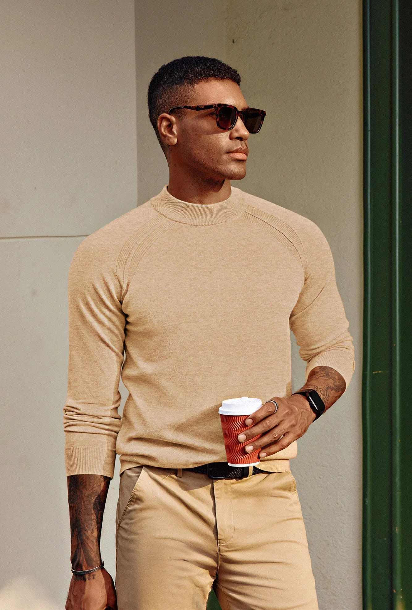 Men Half High-Neck Sweater Long Raglan Sleeve Ribbed Cuff Pullover Knitwear