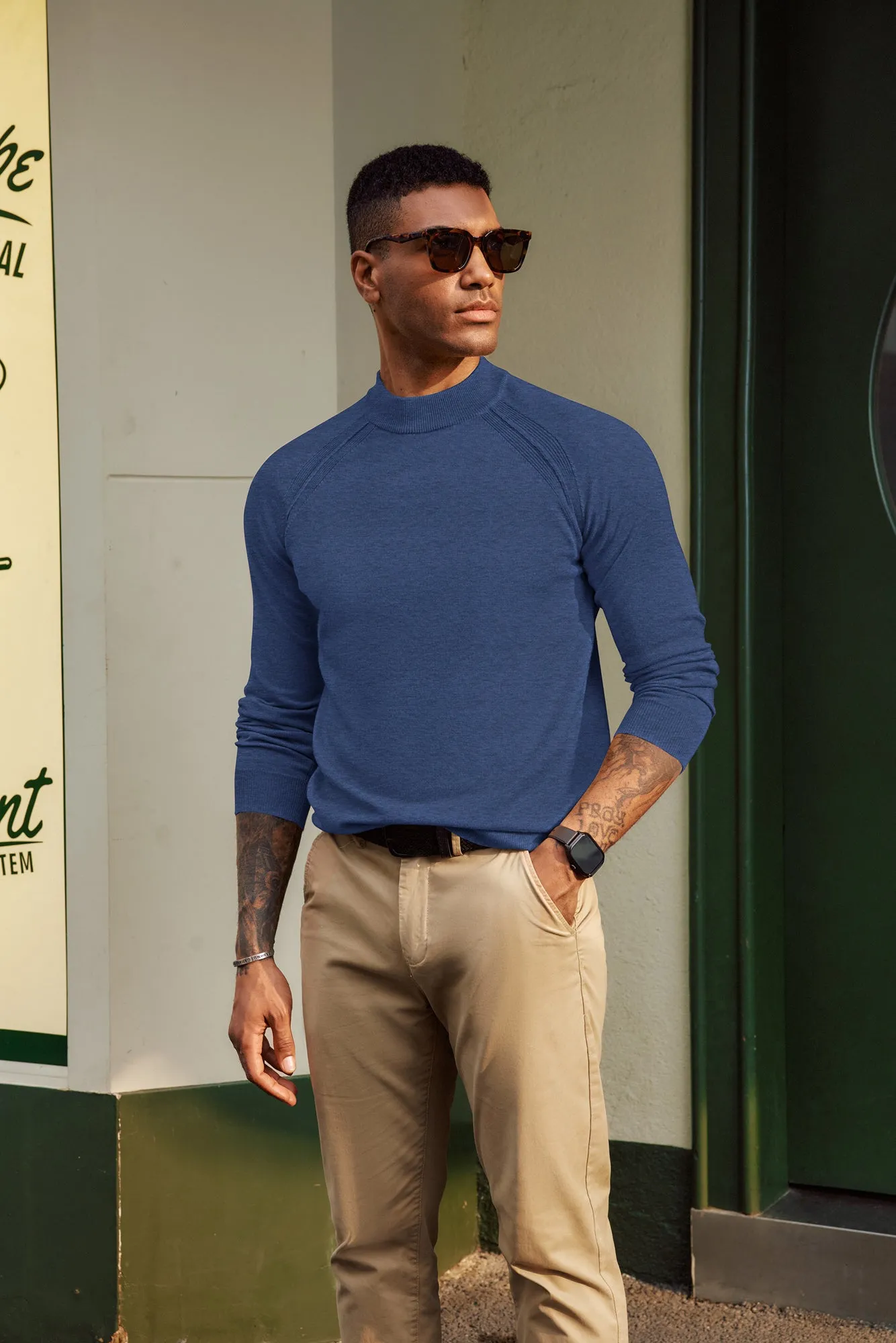 Men Half High-Neck Sweater Long Raglan Sleeve Ribbed Cuff Pullover Knitwear