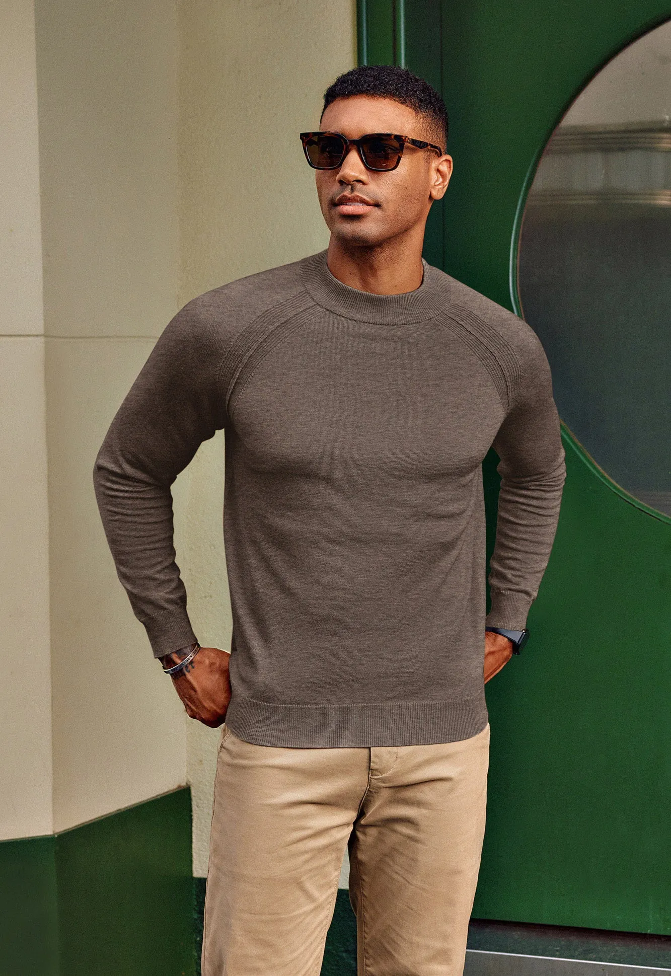 Men Half High-Neck Sweater Long Raglan Sleeve Ribbed Cuff Pullover Knitwear