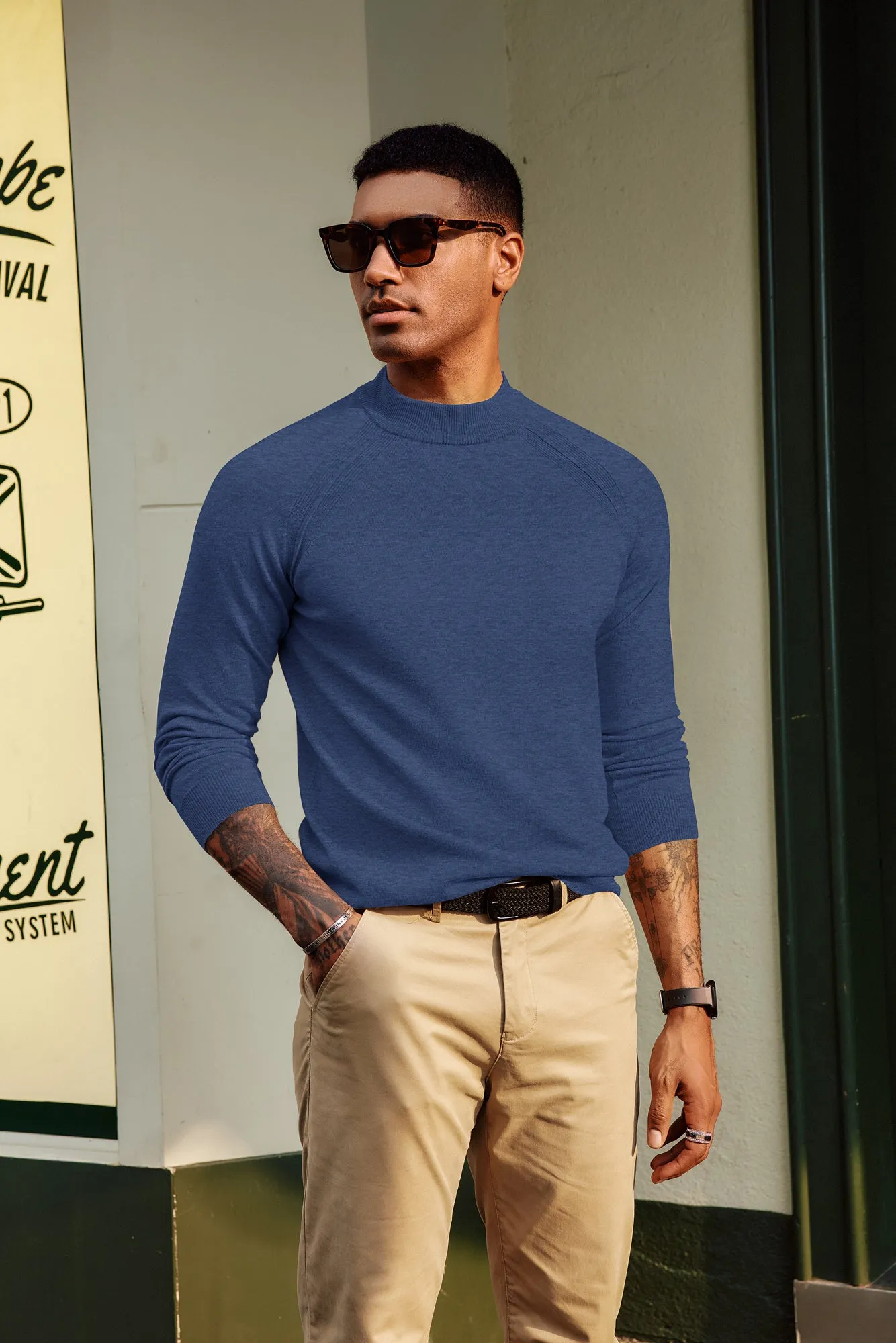 Men Half High-Neck Sweater Long Raglan Sleeve Ribbed Cuff Pullover Knitwear