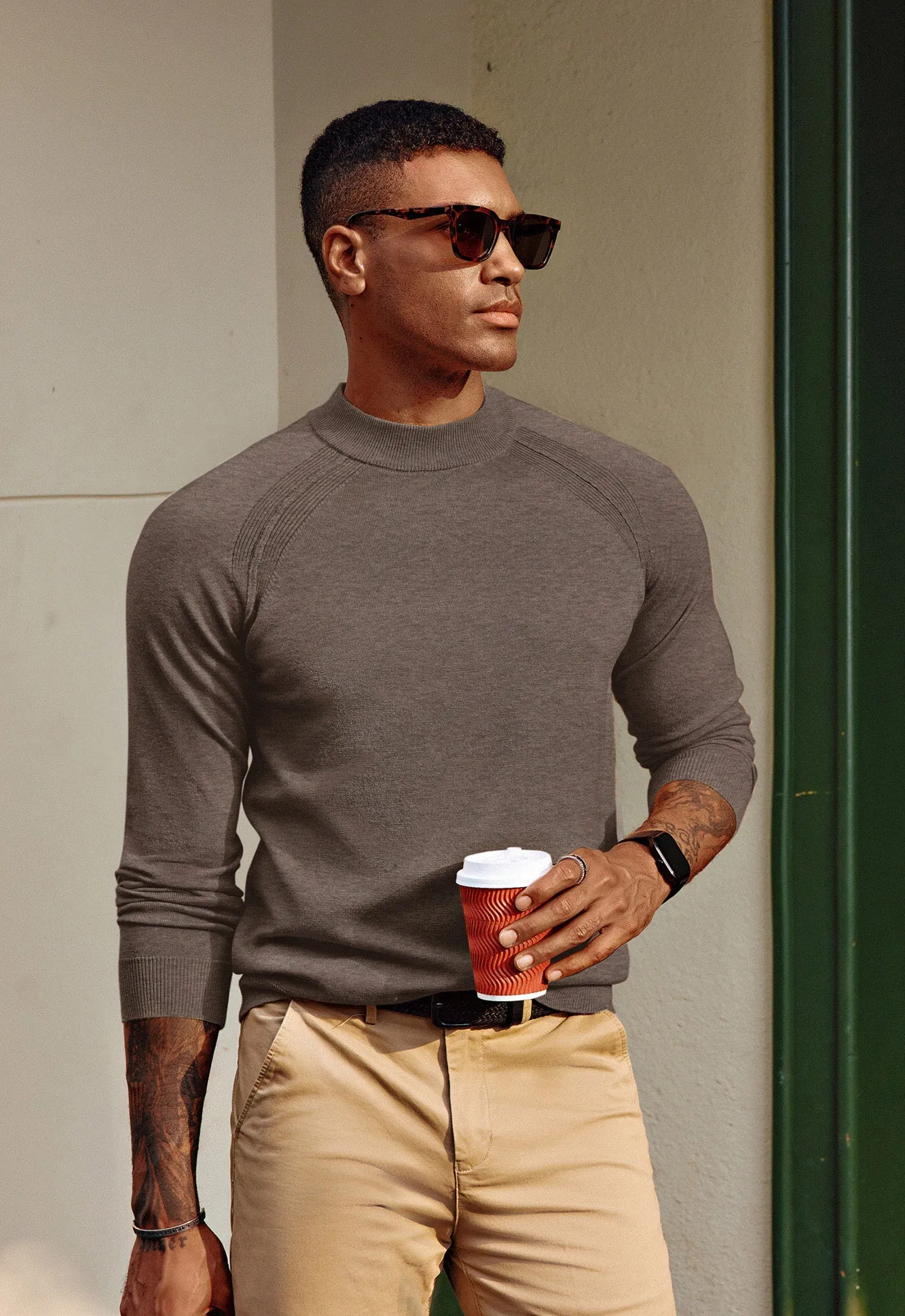 Men Half High-Neck Sweater Long Raglan Sleeve Ribbed Cuff Pullover Knitwear