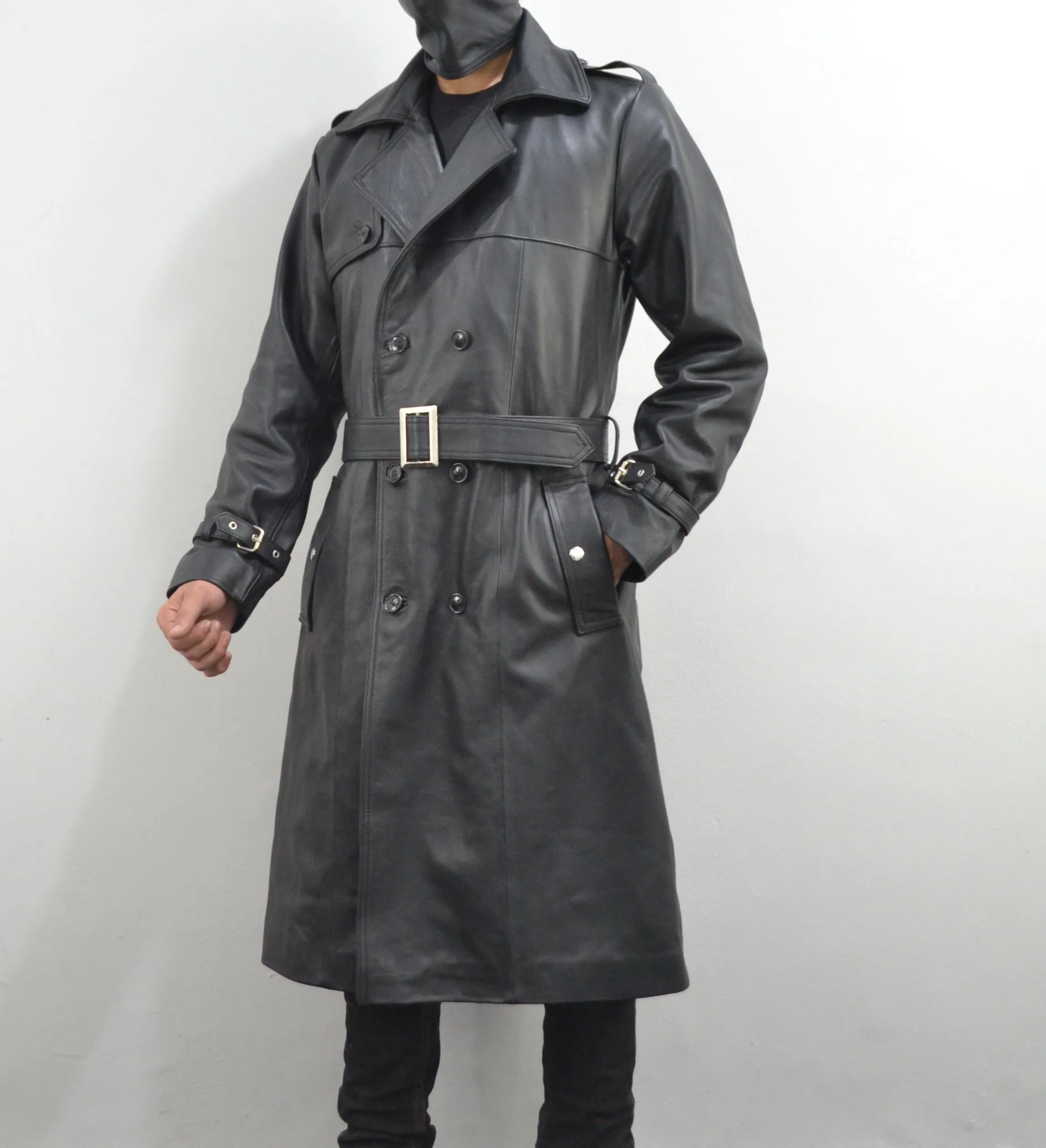 Men's Classic Belted Single Breasted Black Genuine Leather Trench Coat