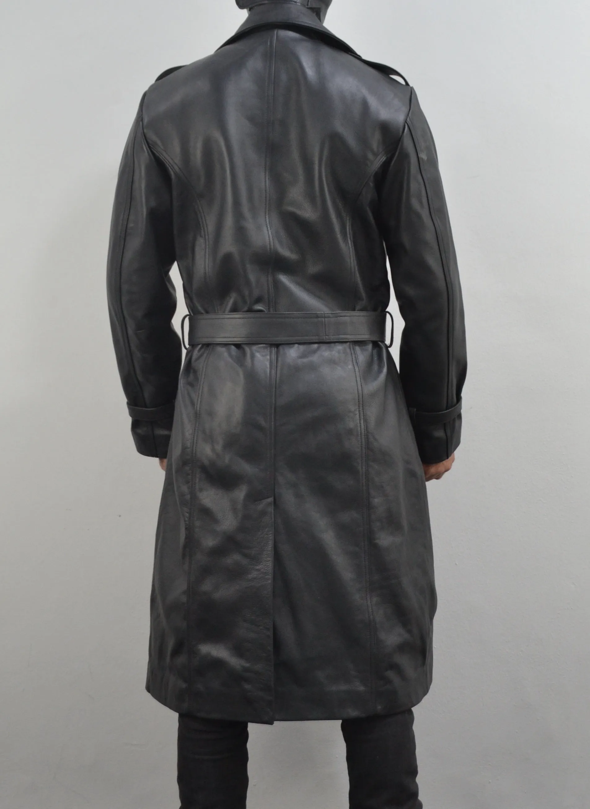 Men's Classic Belted Single Breasted Black Genuine Leather Trench Coat