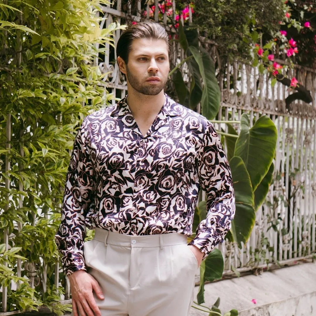 Men's Navy Rose Floral Silk Shirt