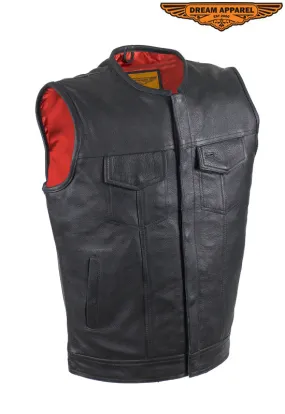 Mens No Collar Leather Motorcycle Club Vest with Red Liner