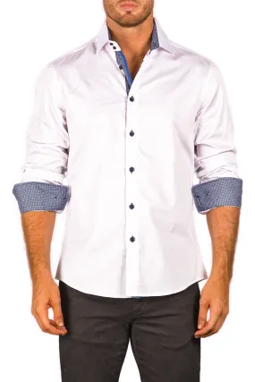 Men's White Button Up Contrast Cuff Long Sleeve Dress Shirt