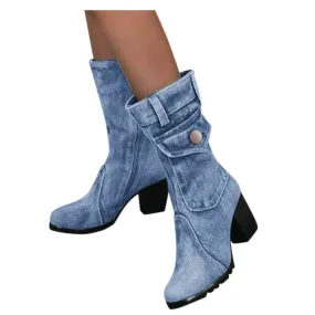 Merendy Marwa zipper Chunky High Heels Plus size blue jeans ankle Boots