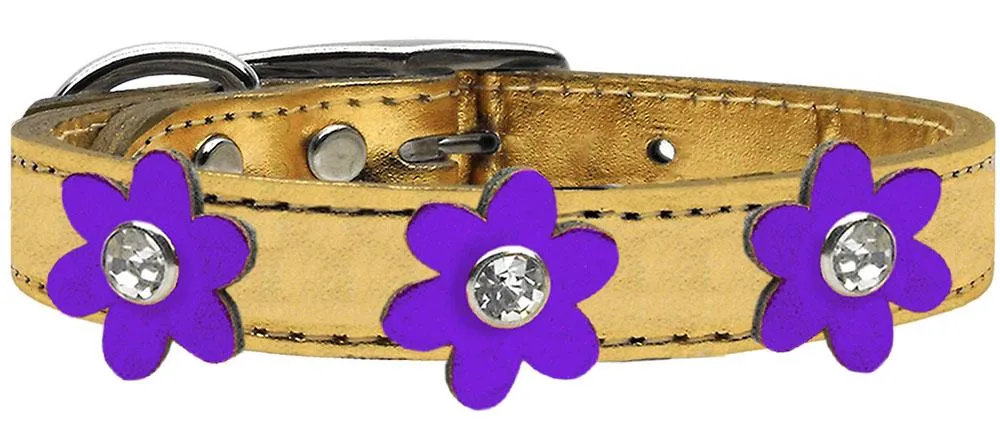 Metallic Flower Leather Collar Gold With Metallic Purple Flowers Size 14