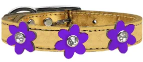 Metallic Flower Leather Collar Gold With Metallic Purple Flowers Size 14