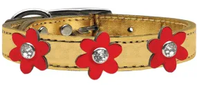 Metallic Flower Leather Collar Gold With Metallic Red Flowers Size 14