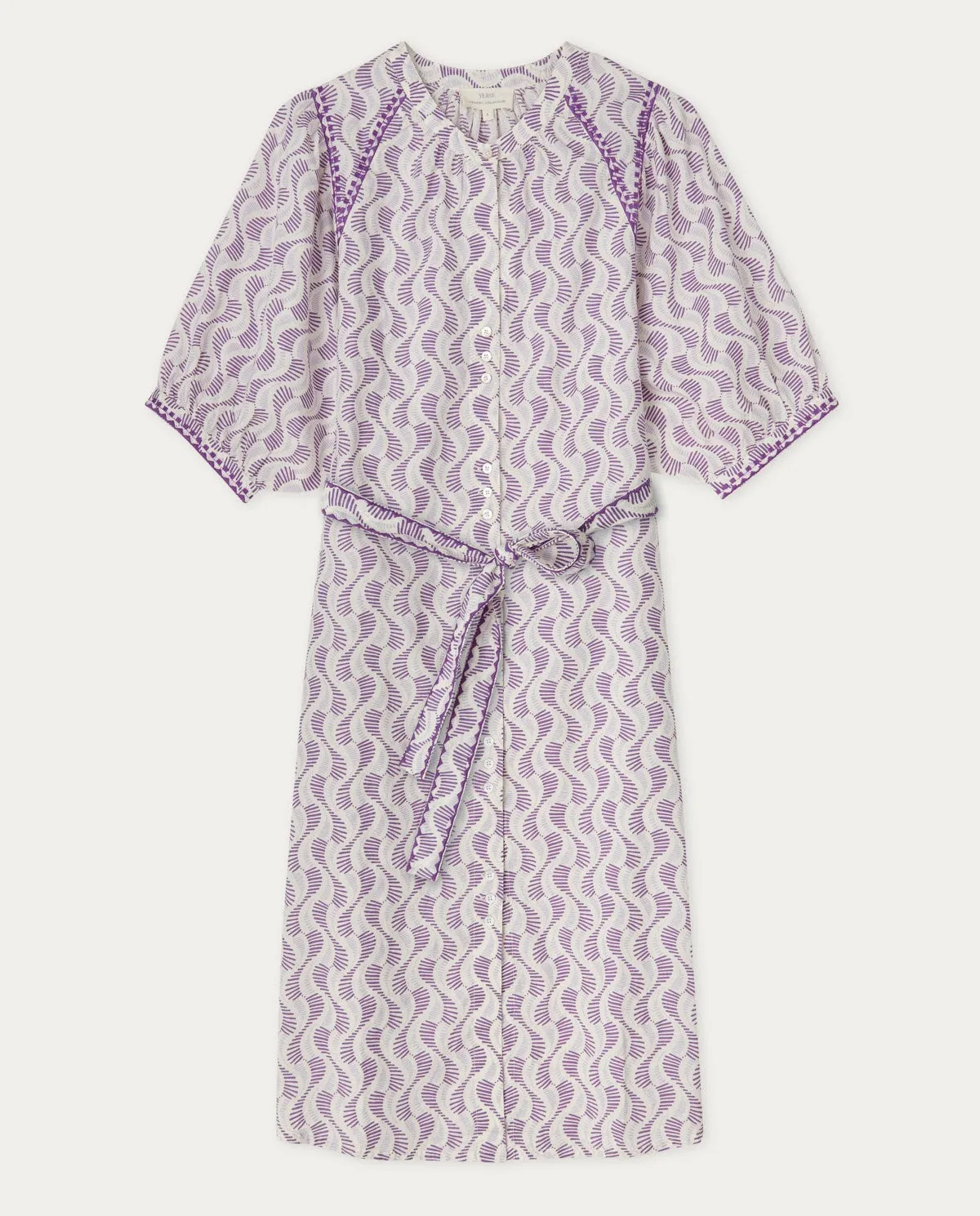 Midi mao-neck dress with purple pattern by YERSE