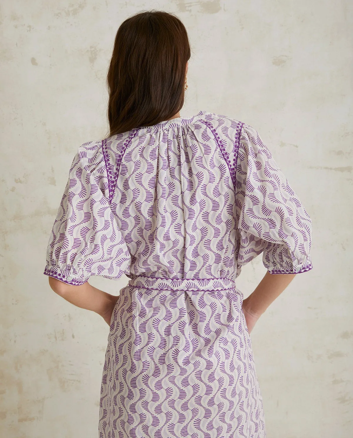 Midi mao-neck dress with purple pattern by YERSE