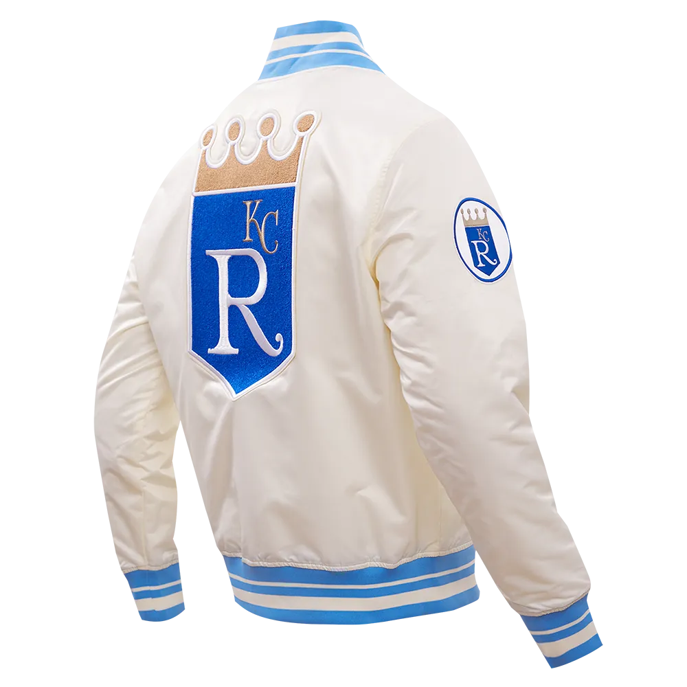 MLB KANSAS CITY ROYALS RETRO CLASSIC MEN'S RIB SATIN JACKET (EGGSHELL/ UNIVERSITY BLUE)