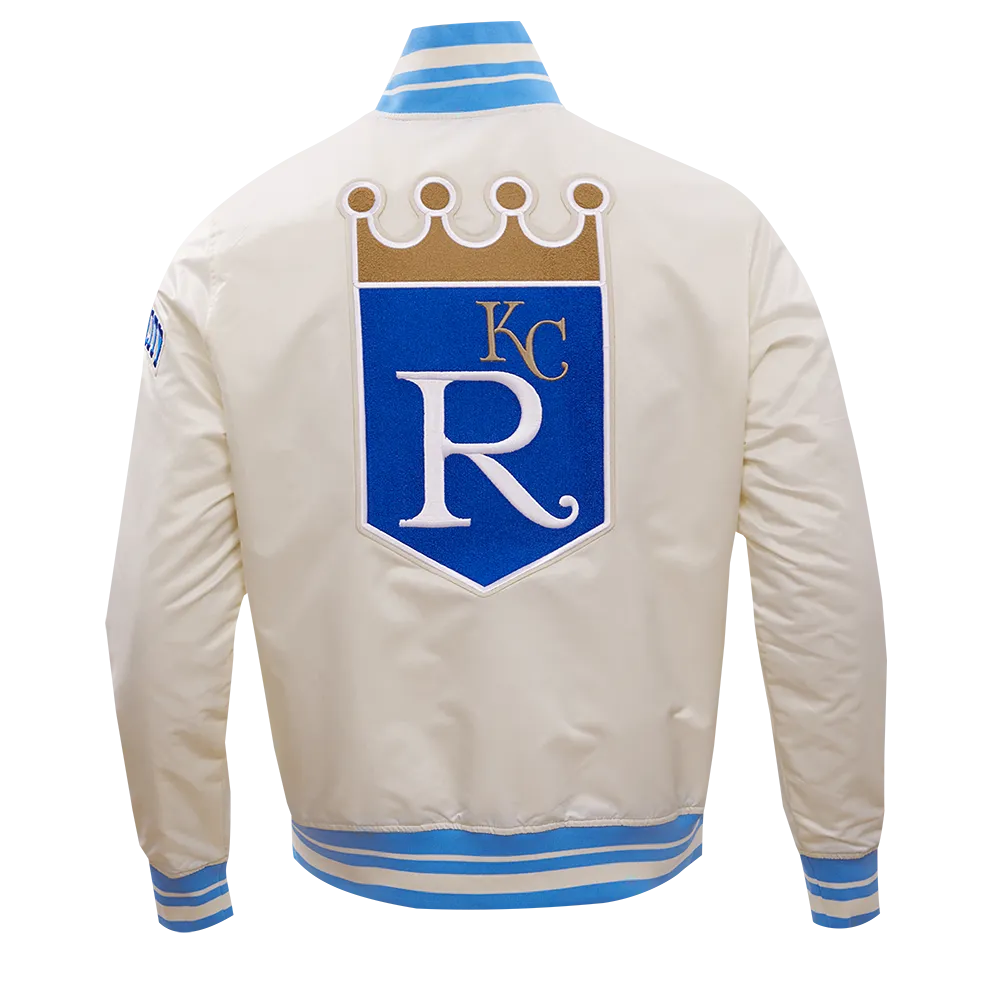 MLB KANSAS CITY ROYALS RETRO CLASSIC MEN'S RIB SATIN JACKET (EGGSHELL/ UNIVERSITY BLUE)