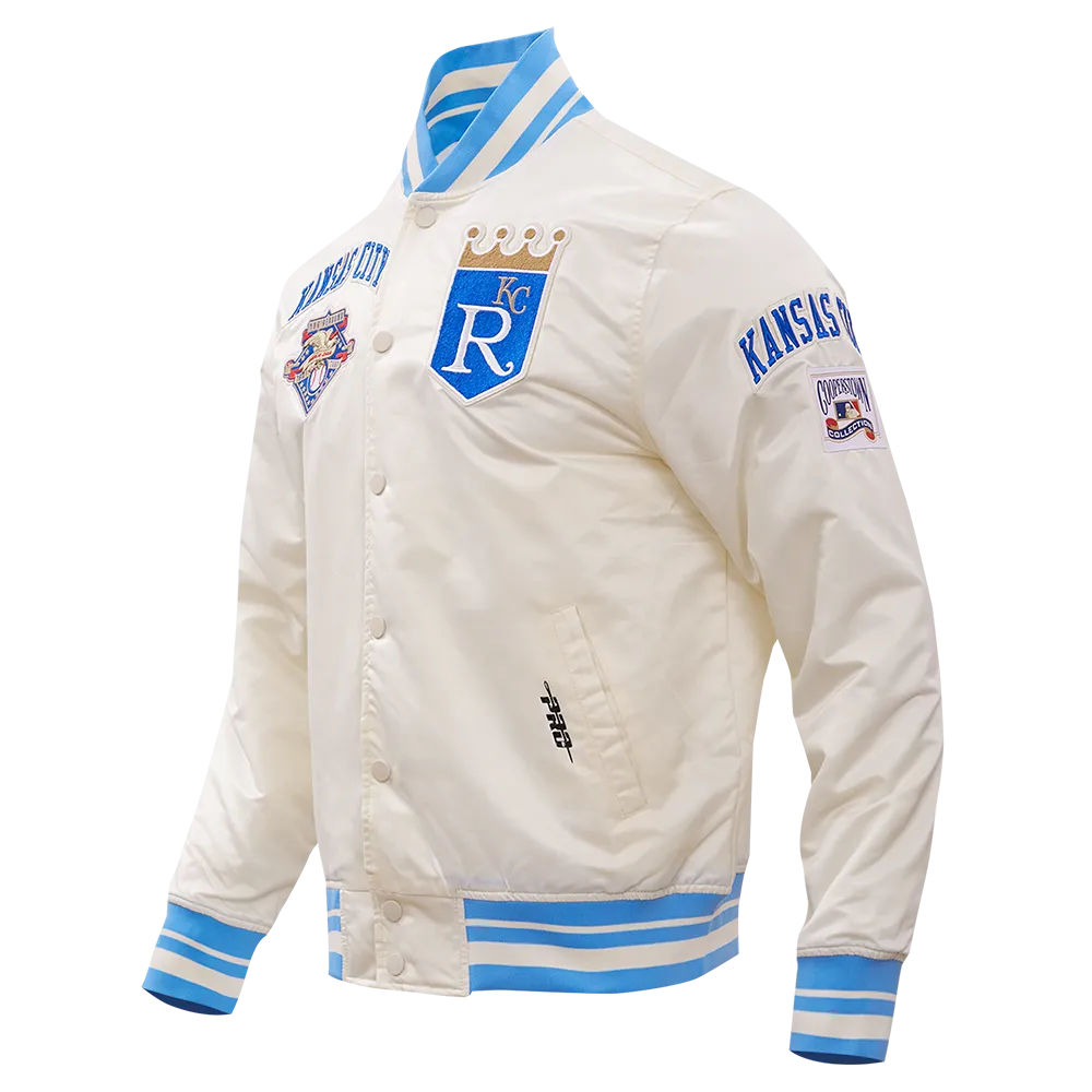 MLB KANSAS CITY ROYALS RETRO CLASSIC MEN'S RIB SATIN JACKET (EGGSHELL/ UNIVERSITY BLUE)