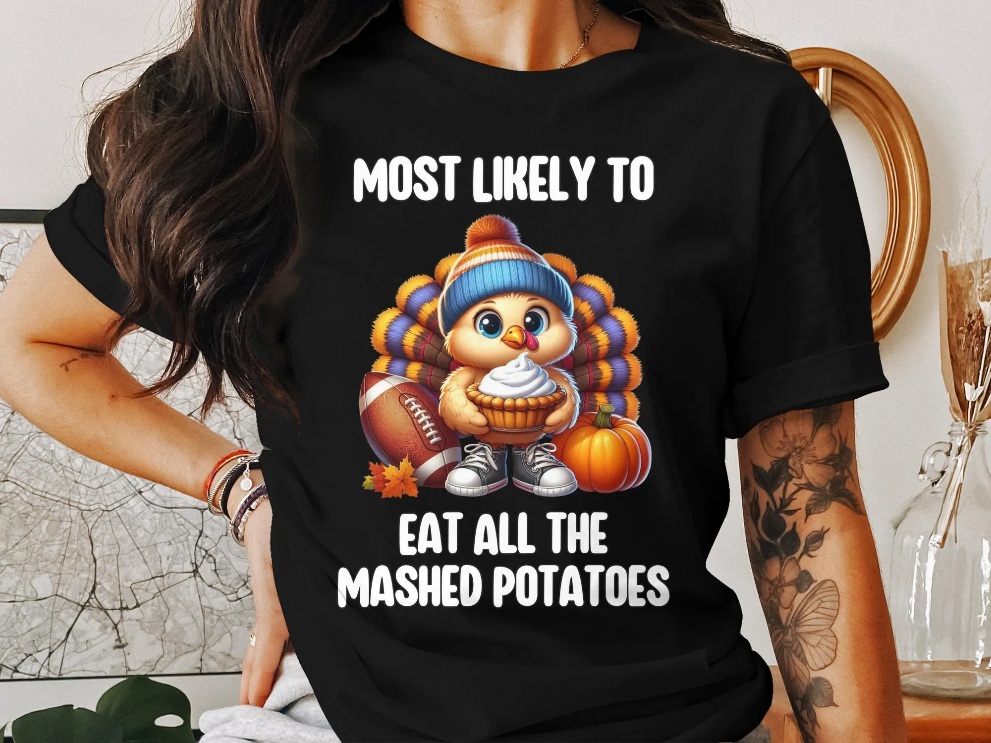 Most Likely to Eat All the Mashed Potatoes Funny Thanksgiving Turkey T-Shirt Cute Holiday Tee Gift Idea