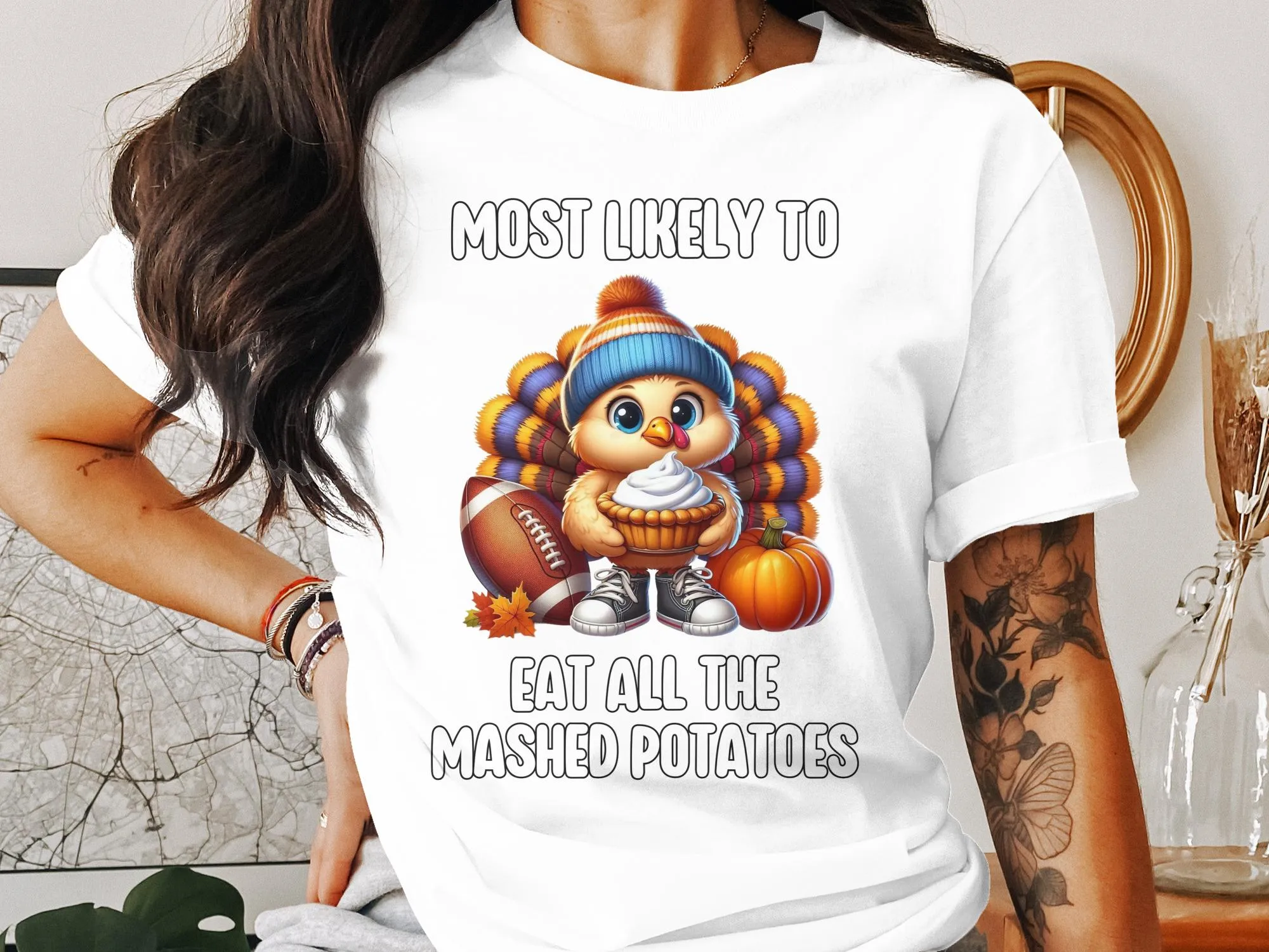 Most Likely to Eat All the Mashed Potatoes Funny Thanksgiving Turkey T-Shirt Cute Holiday Tee Gift Idea