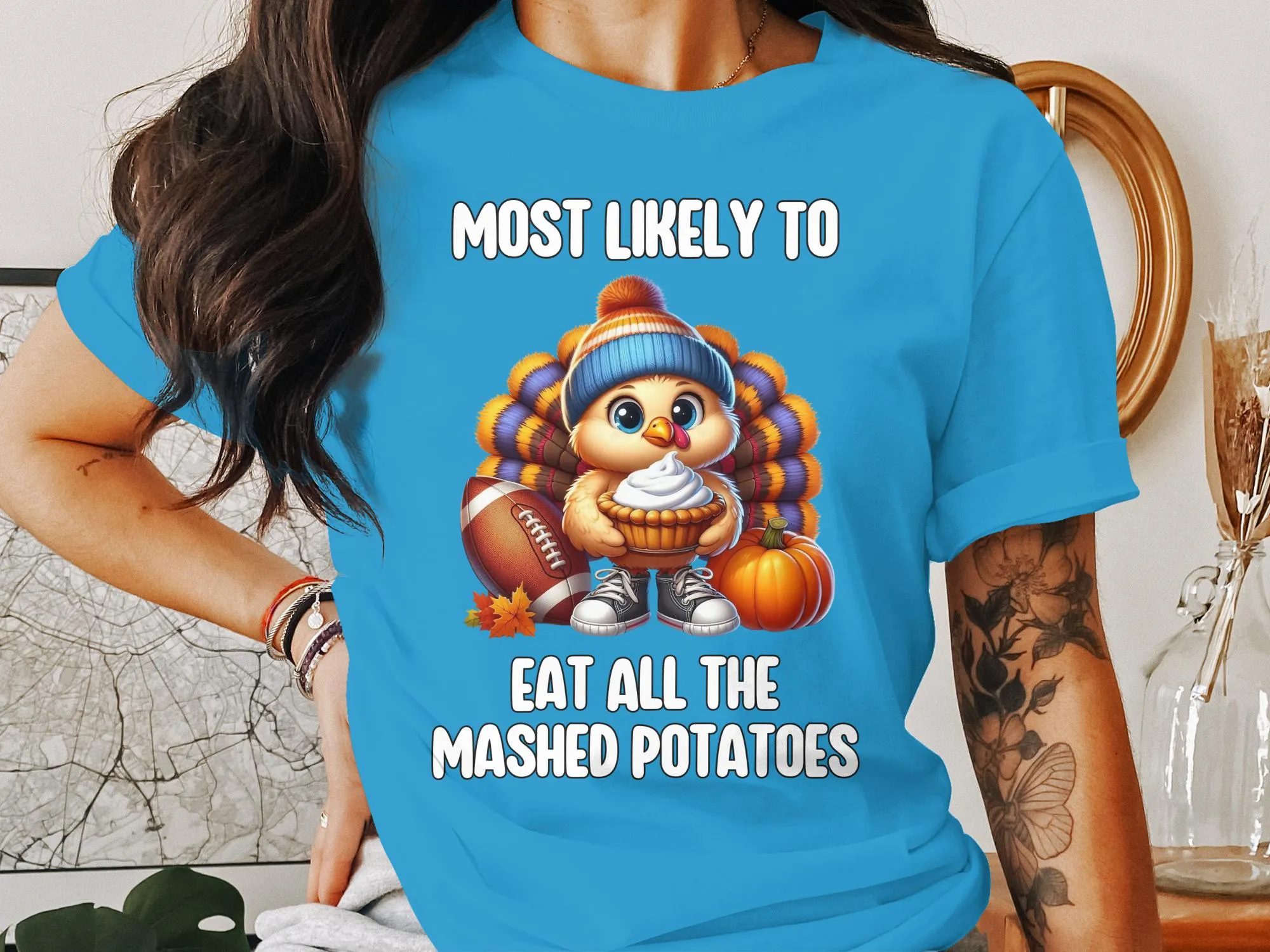 Most Likely to Eat All the Mashed Potatoes Funny Thanksgiving Turkey T-Shirt Cute Holiday Tee Gift Idea