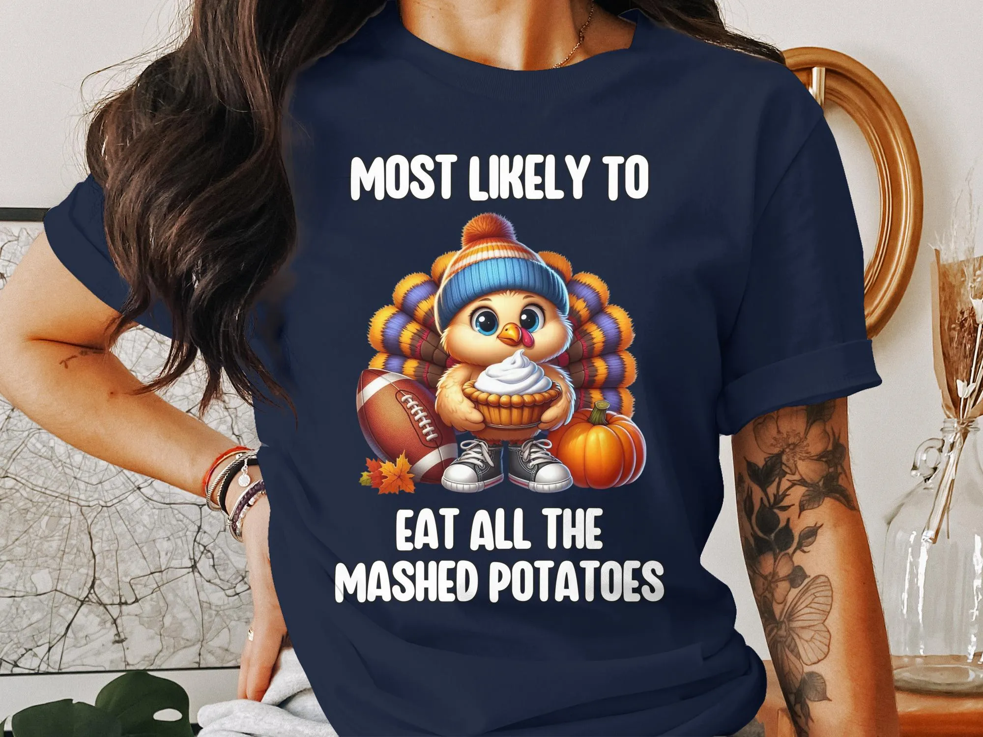 Most Likely to Eat All the Mashed Potatoes Funny Thanksgiving Turkey T-Shirt Cute Holiday Tee Gift Idea