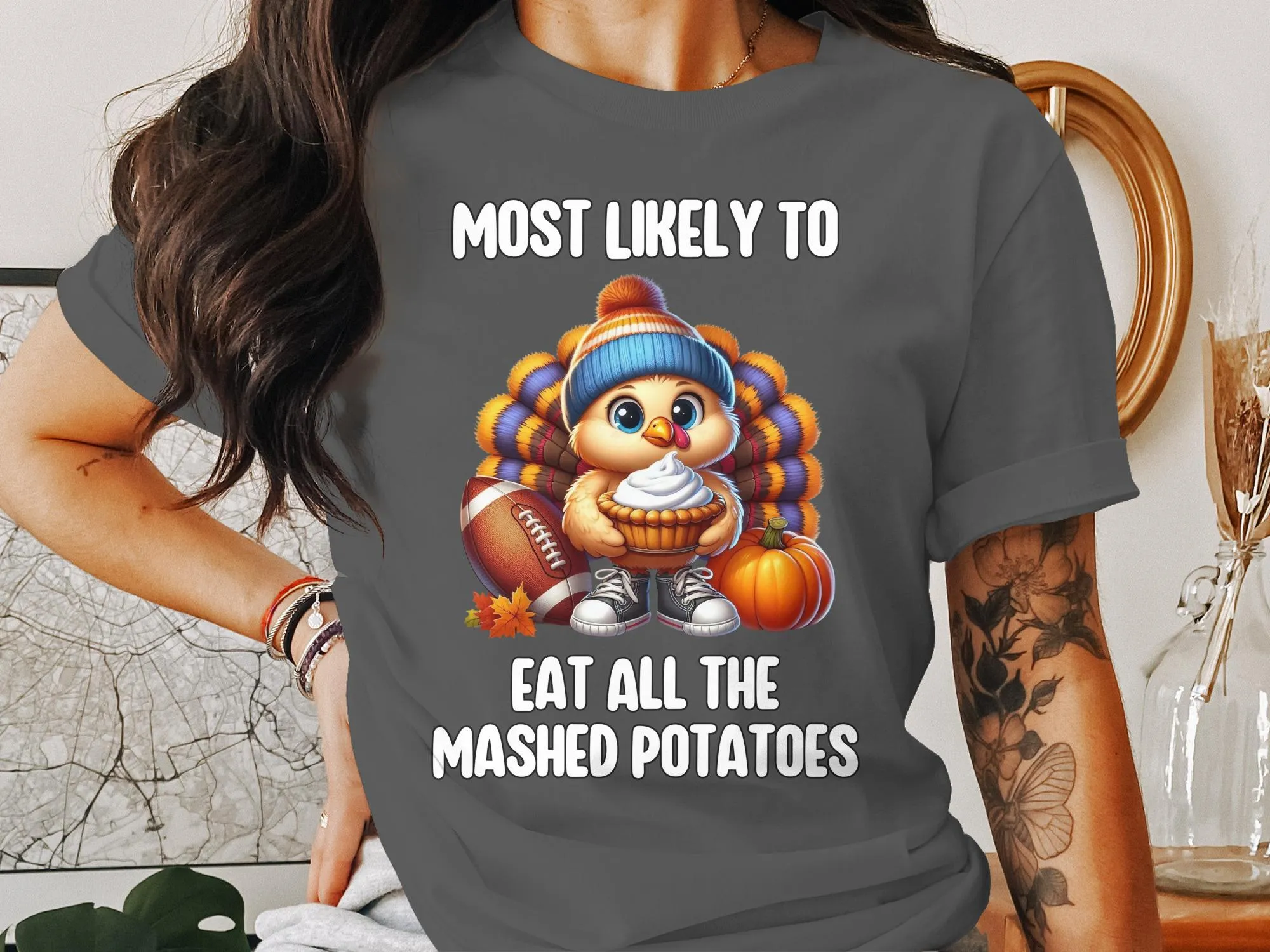 Most Likely to Eat All the Mashed Potatoes Funny Thanksgiving Turkey T-Shirt Cute Holiday Tee Gift Idea