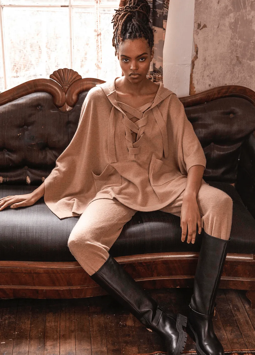 Naadam Wool Cashmere Lace Up Poncho in Hazelnut