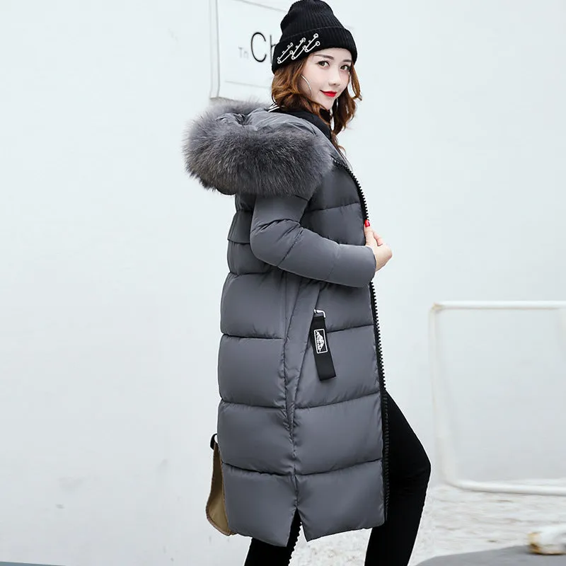 New cotton-padded clothes women's medium and long European and American down cotton-padded clothes thickened over the knee fur collar cotton-padded jacket soft sister winter coat