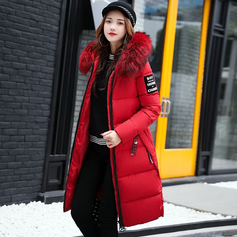 New cotton-padded clothes women's medium and long European and American down cotton-padded clothes thickened over the knee fur collar cotton-padded jacket soft sister winter coat