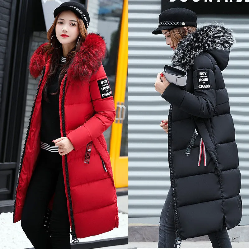 New cotton-padded clothes women's medium and long European and American down cotton-padded clothes thickened over the knee fur collar cotton-padded jacket soft sister winter coat