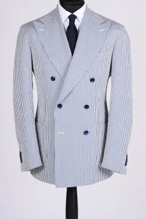 New SUITREVIEW Elmhurst Blue Stripe Seersucker Stretch Mother of Pearl Suit - Made to Order!