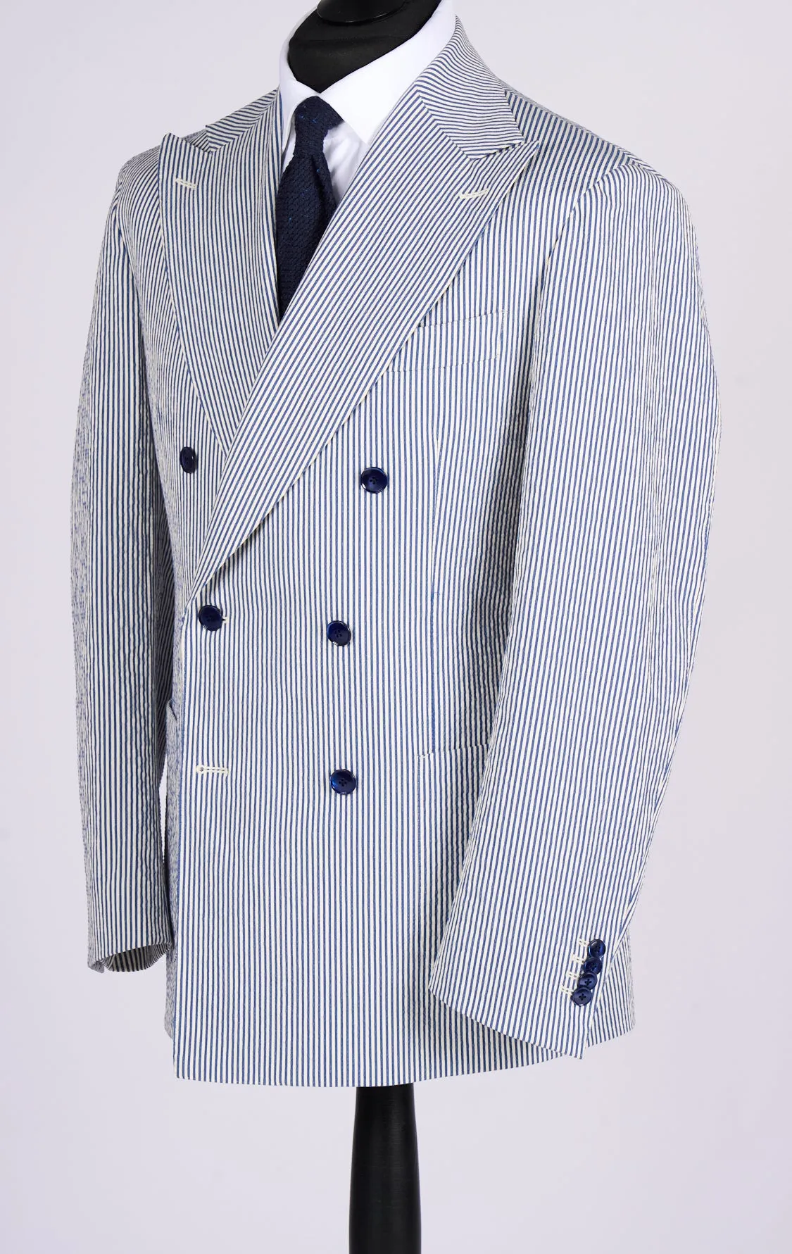 New SUITREVIEW Elmhurst Blue Stripe Seersucker Stretch Mother of Pearl Suit - Made to Order!