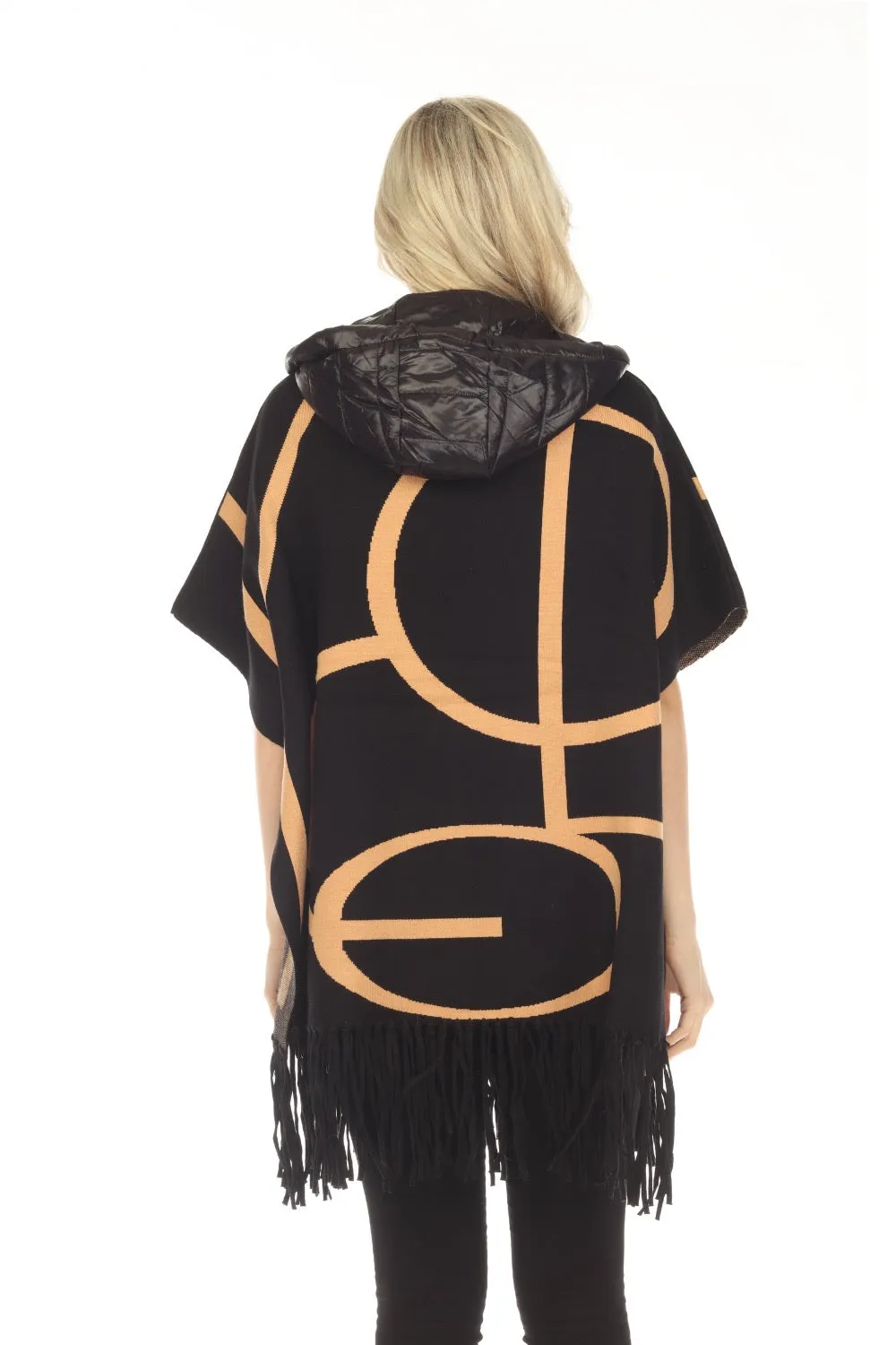 OO LA LA Black Contrast Trim Fringe Belted Hooded Poncho M7053