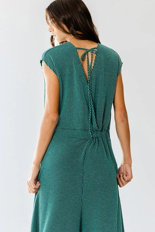 Open Front Wide Leg Textured Jumpsuit in HUNTER GREEN