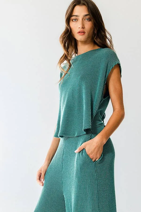 Open Front Wide Leg Textured Jumpsuit in HUNTER GREEN