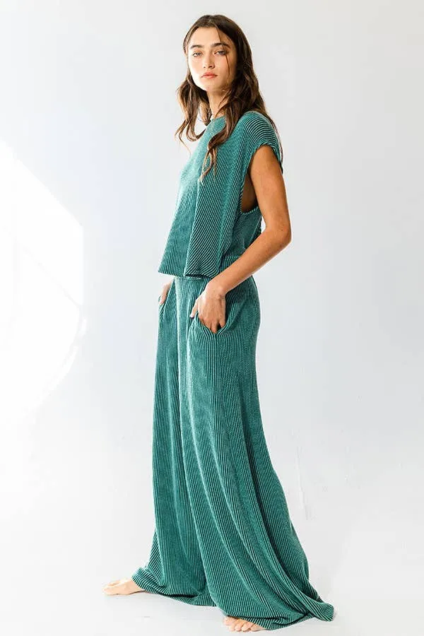 Open Front Wide Leg Textured Jumpsuit in HUNTER GREEN