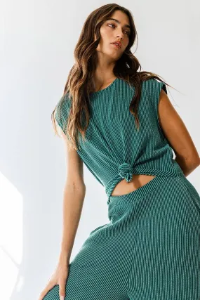 Open Front Wide Leg Textured Jumpsuit in HUNTER GREEN