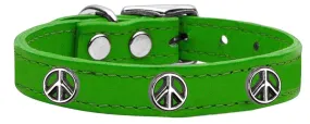 Peace Sign Widget Genuine Leather Dog Collar Emerald Green 16