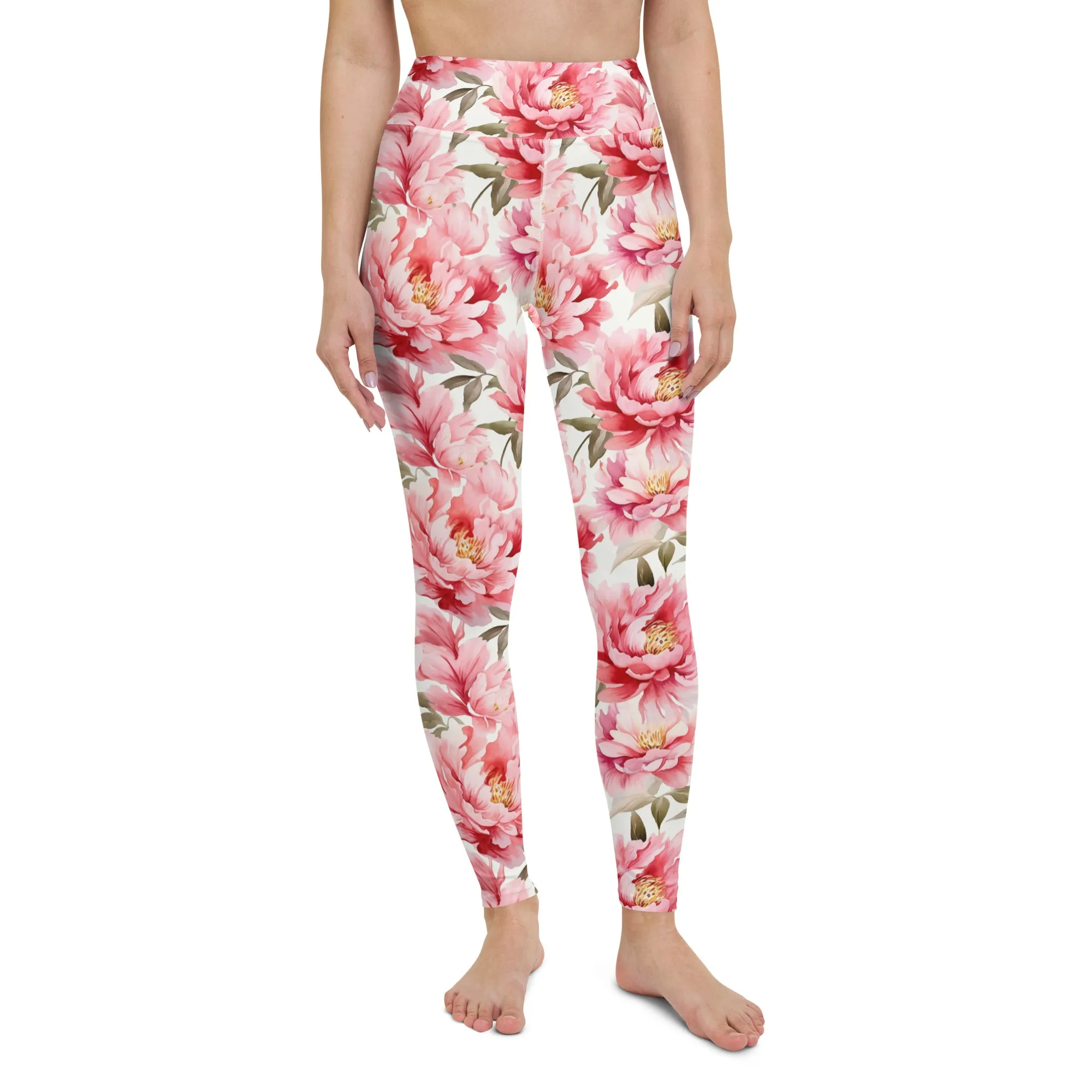 Pink Flowers Yoga Leggings Women, Peony Floral High Waisted Pants Cute Printed Graphic Workout Running Gym Designer