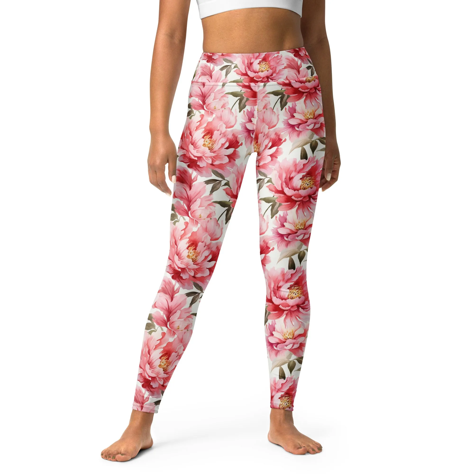 Pink Flowers Yoga Leggings Women, Peony Floral High Waisted Pants Cute Printed Graphic Workout Running Gym Designer