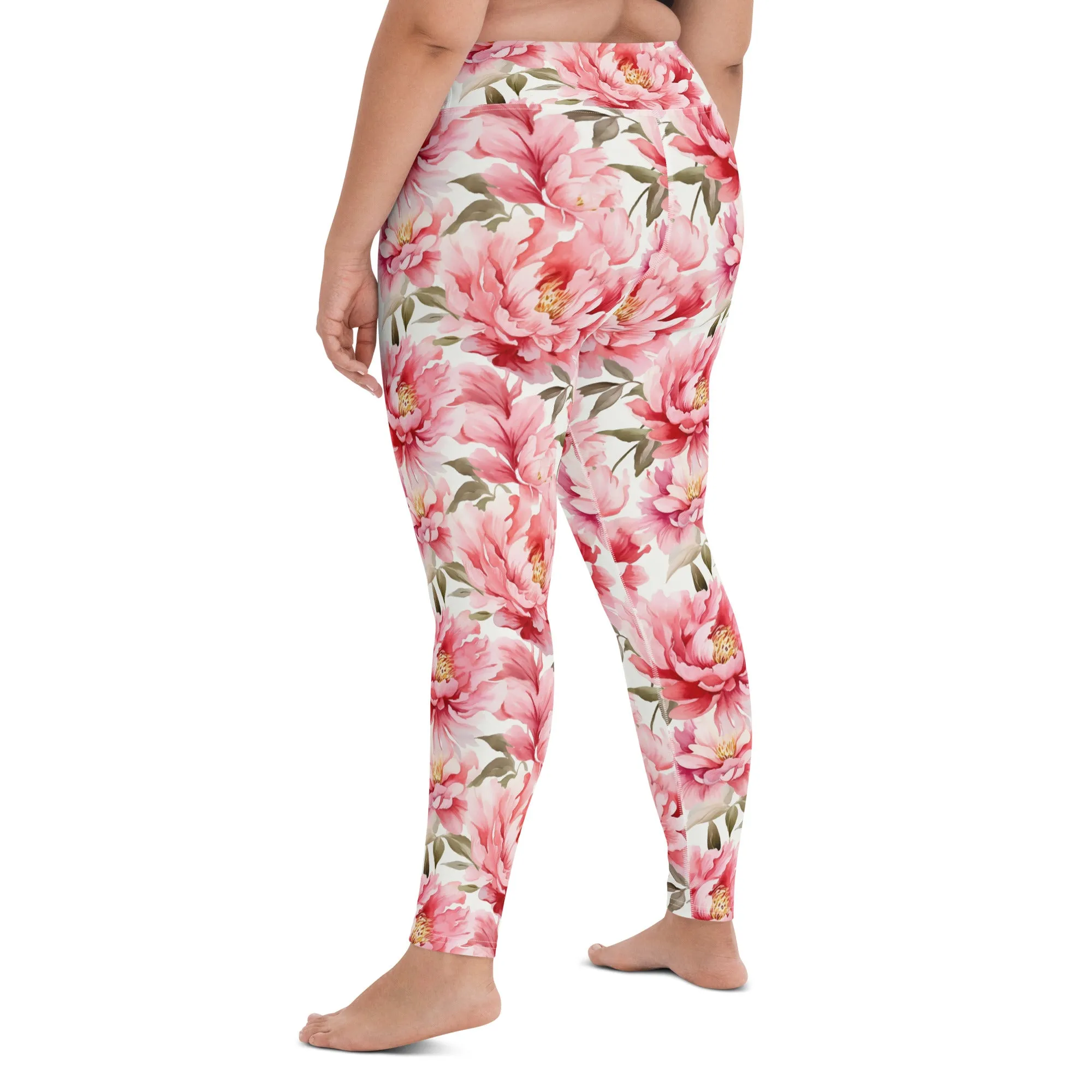 Pink Flowers Yoga Leggings Women, Peony Floral High Waisted Pants Cute Printed Graphic Workout Running Gym Designer