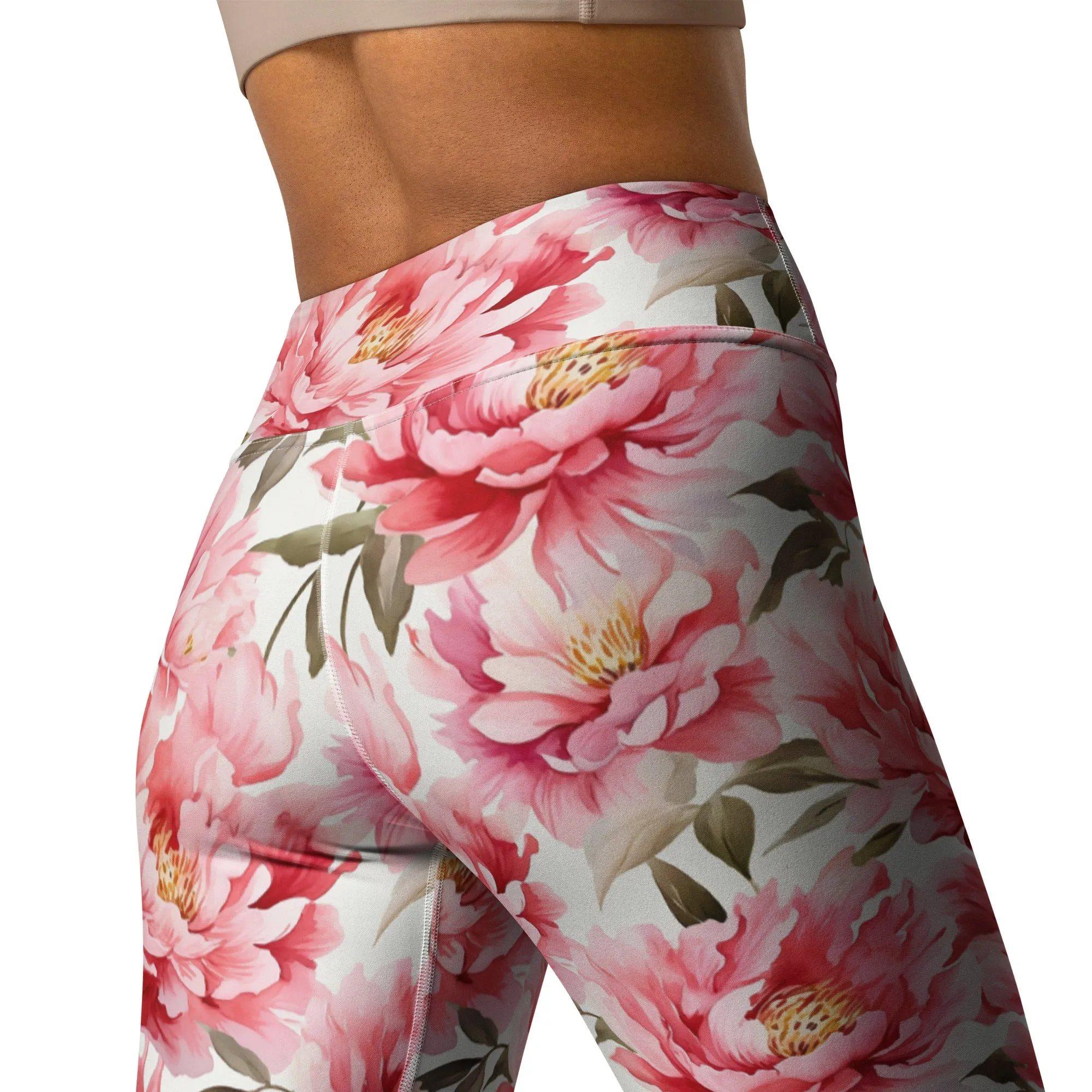 Pink Flowers Yoga Leggings Women, Peony Floral High Waisted Pants Cute Printed Graphic Workout Running Gym Designer