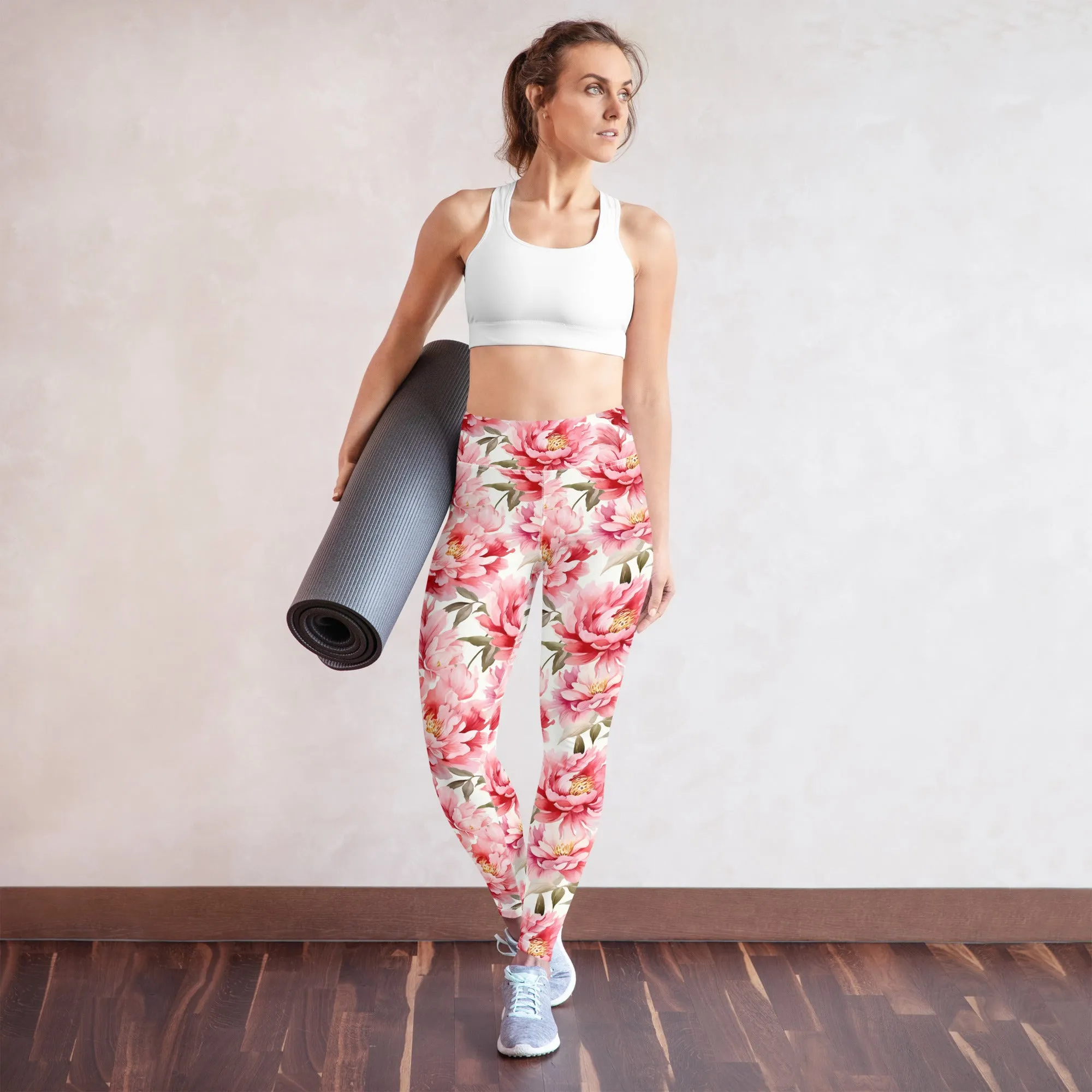 Pink Flowers Yoga Leggings Women, Peony Floral High Waisted Pants Cute Printed Graphic Workout Running Gym Designer