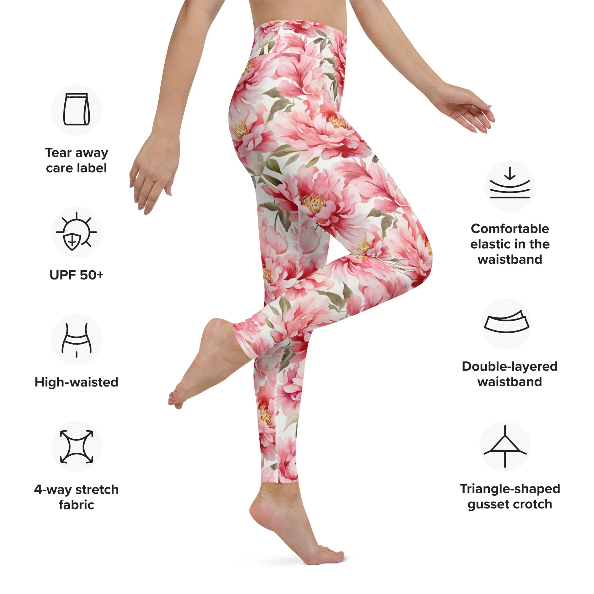 Pink Flowers Yoga Leggings Women, Peony Floral High Waisted Pants Cute Printed Graphic Workout Running Gym Designer