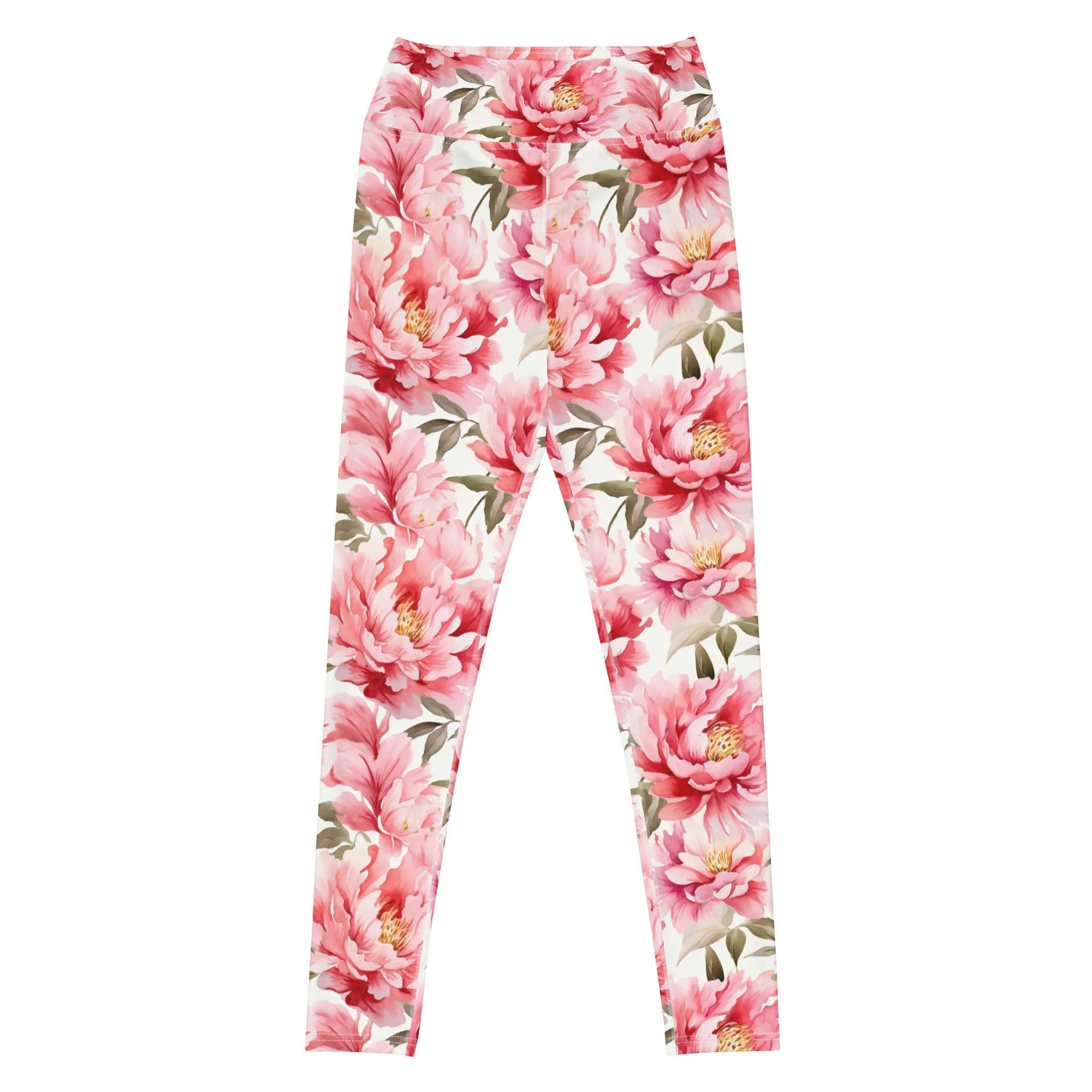 Pink Flowers Yoga Leggings Women, Peony Floral High Waisted Pants Cute Printed Graphic Workout Running Gym Designer